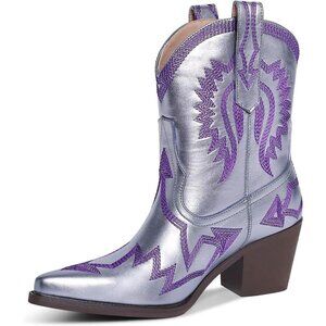 Metallic Embroidered Cowgirl Boots For Women Lavender Metallic Faux Leather